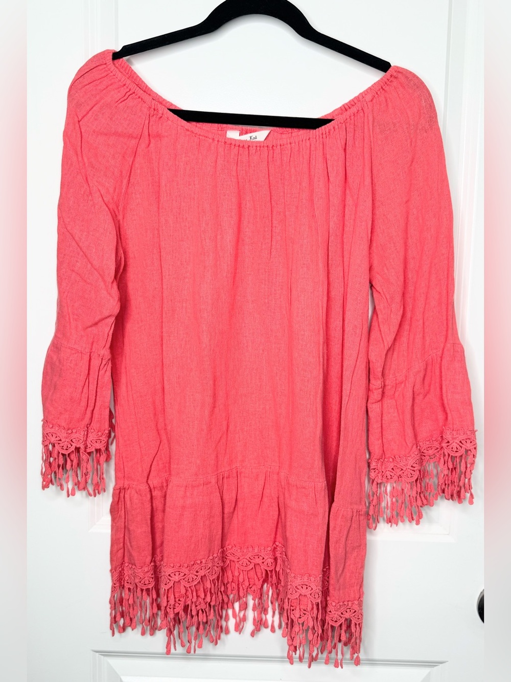 Krazy Kat Womens L Coral Linen Blend Boho Tunic Top Fringe Bell Sleeve Ruffle